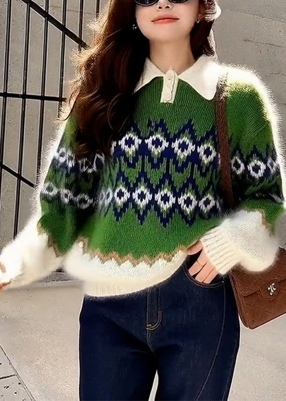 Boho Green Oversized Print Thick Knitted Tops Winter
