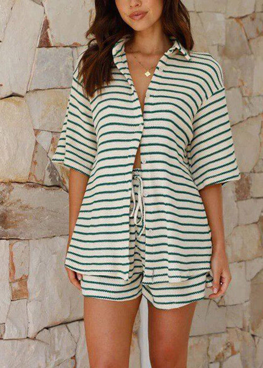 Boho Green Patchwork Shirts And Shorts Two Piece Set Summer