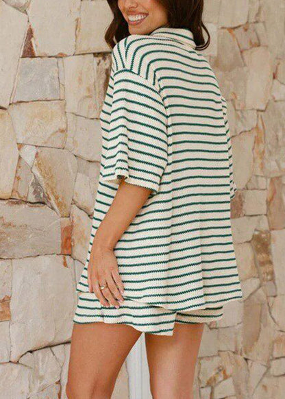 Boho Green Patchwork Shirts And Shorts Two Piece Set Summer