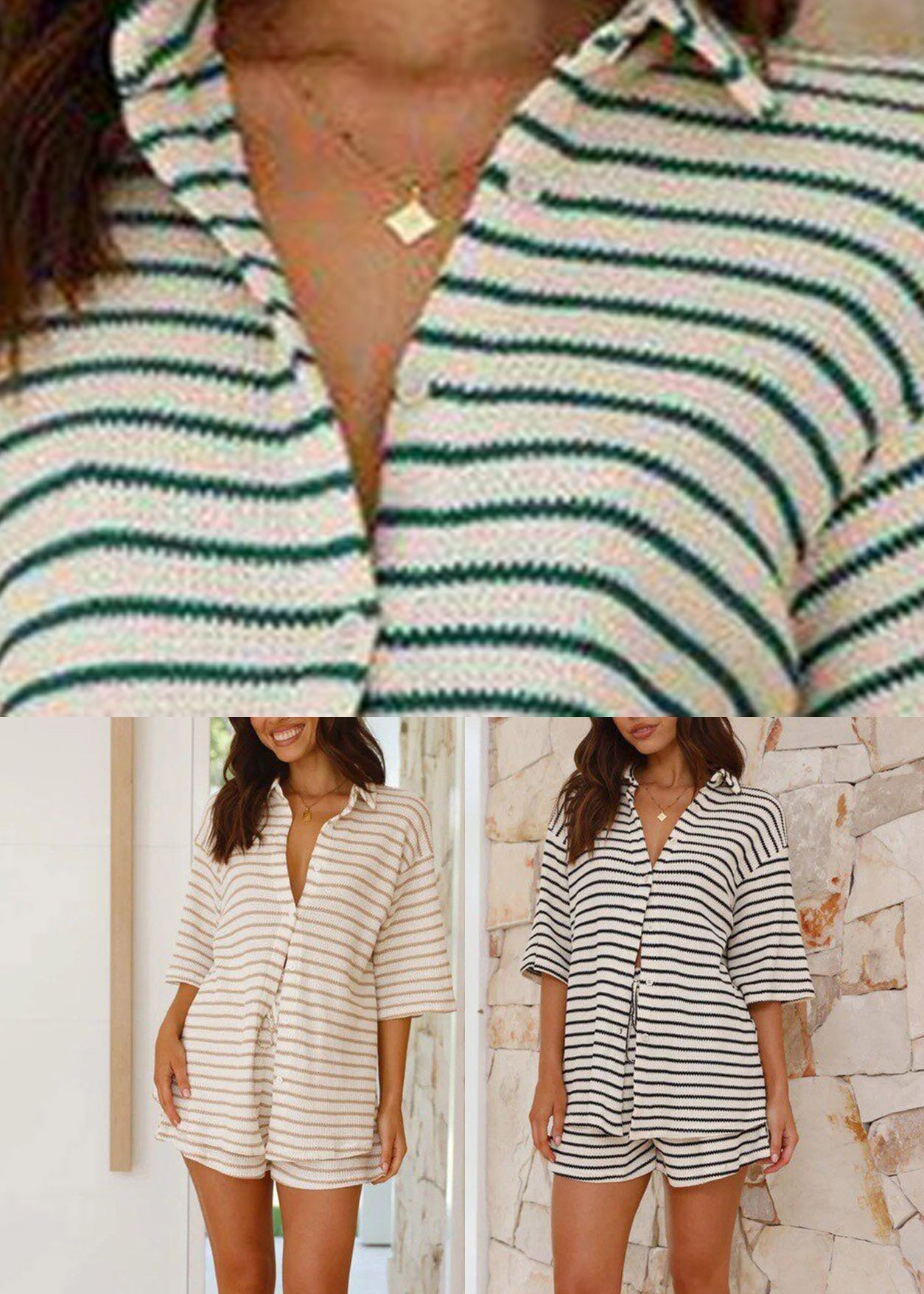 Boho Green Patchwork Shirts And Shorts Two Piece Set Summer