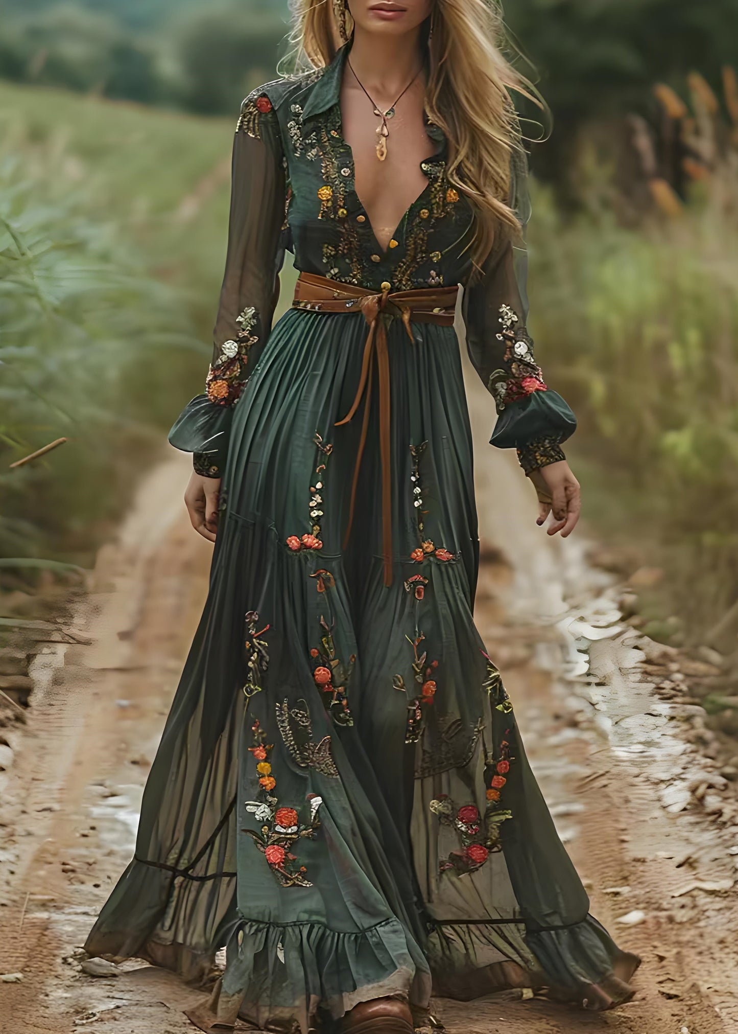 Boho Green Peter Pan Collar Print Wrinkled Chiffon Long Dresses Spring