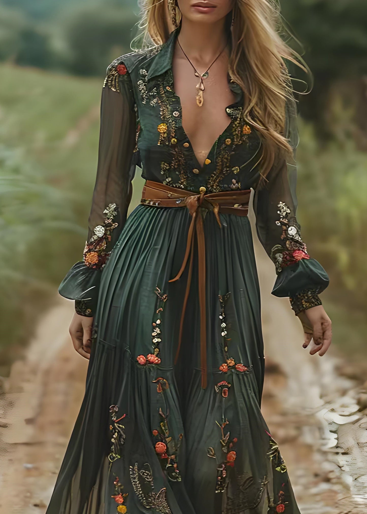 Boho Green Peter Pan Collar Print Wrinkled Chiffon Long Dresses Spring