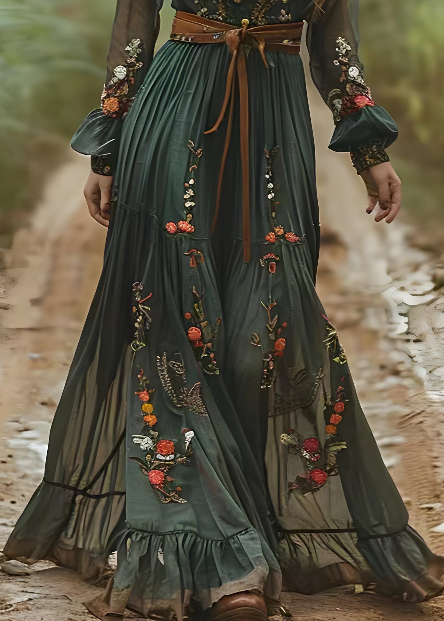 Boho Green Peter Pan Collar Print Wrinkled Chiffon Long Dresses Spring