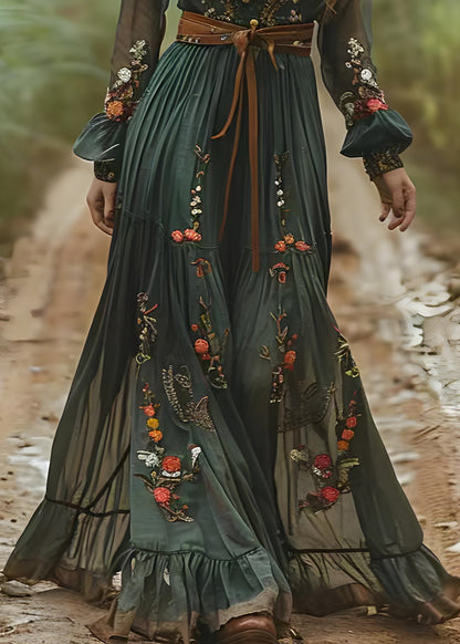 Boho Green Peter Pan Collar Print Wrinkled Chiffon Long Dresses Spring