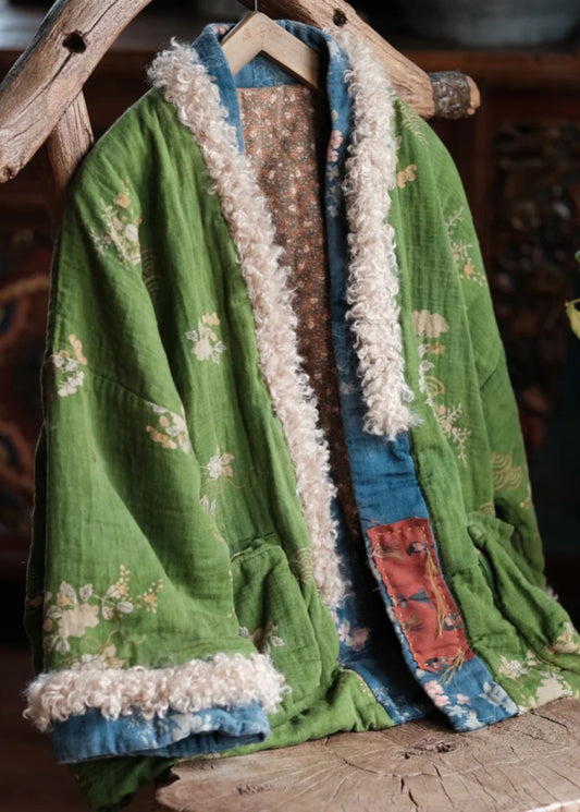 Boho Green Pockets Print Faux Fur Patchwork Fine Cotton Filled Jacket Winter