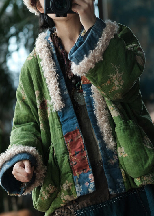 Boho Green Pockets Print Faux Fur Patchwork Fine Cotton Filled Jacket Winter