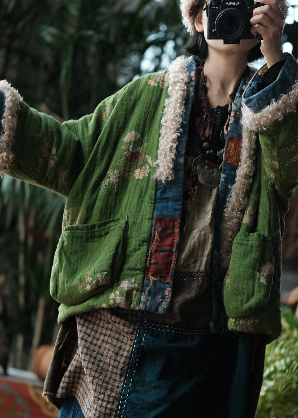 Boho Green Pockets Print Faux Fur Patchwork Fine Cotton Filled Jacket Winter