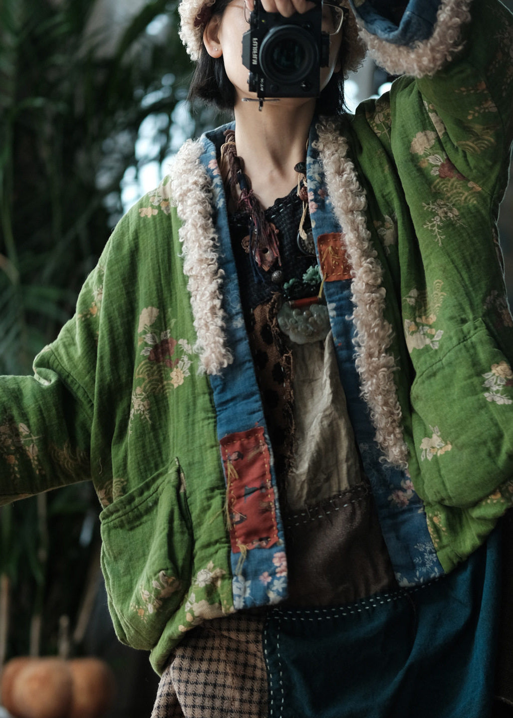 Boho Green Pockets Print Faux Fur Patchwork Fine Cotton Filled Jacket Winter