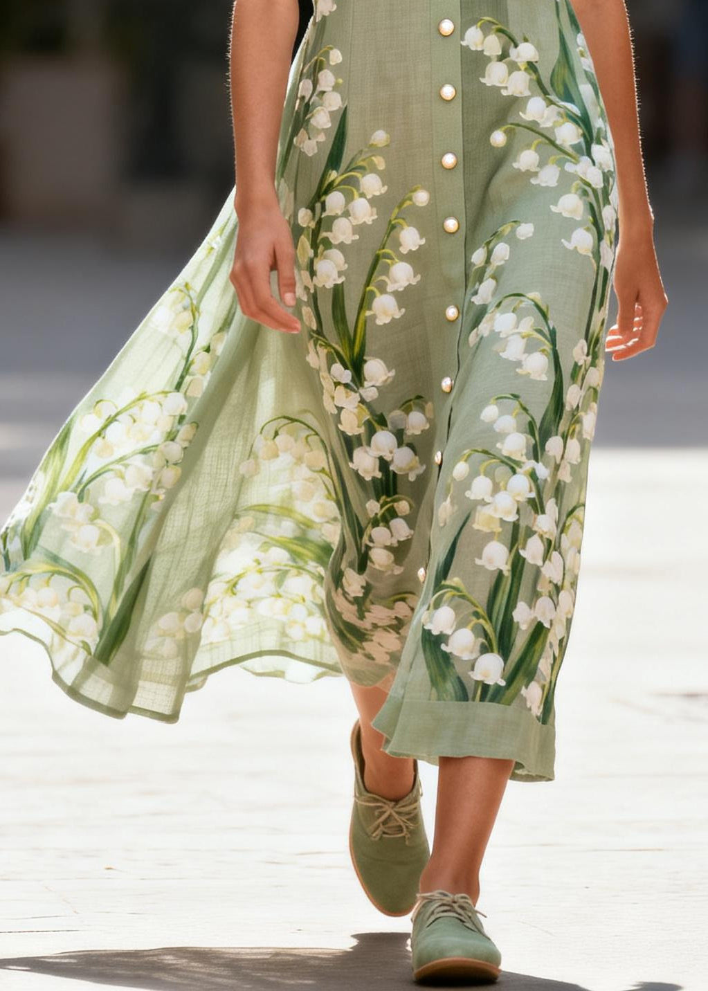 Boho Green Print Fine Pearl Cotton Sun Dress Summer