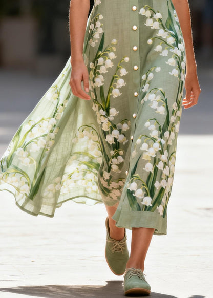 Boho Green Print Fine Pearl Cotton Sun Dress Summer