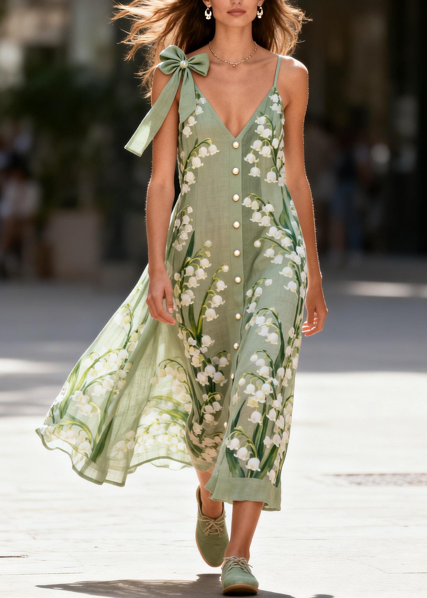 Boho Green Print Fine Pearl Cotton Sun Dress Summer