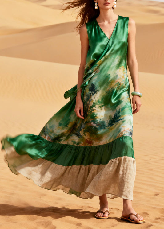 Boho Green Print Patchwork Linen Silk Maxi Dress Summer