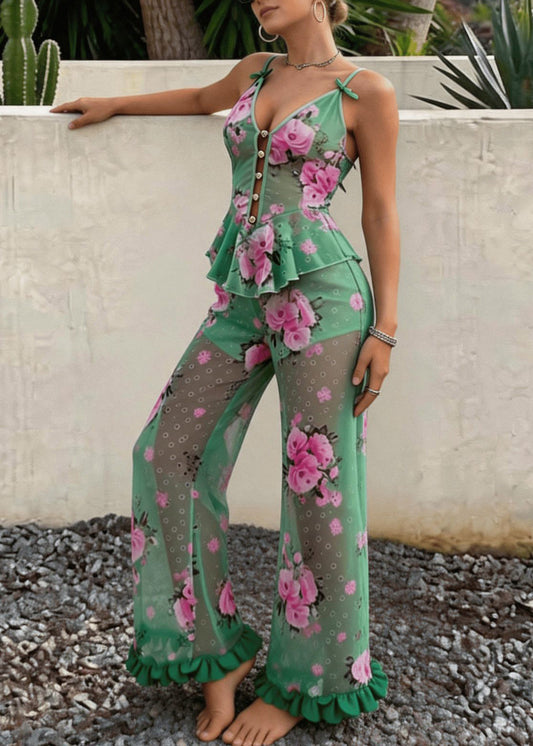 Boho Green Print Sheer Tulle Halter And Trousers Pajama Set