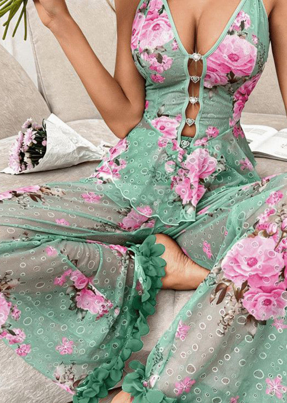 Boho Green Print Sheer Tulle Halter And Trousers Pajama Set