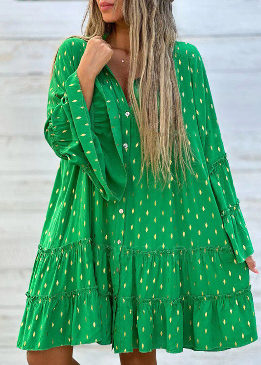 Boho Green Ruffled Patchwork Mid Dress Flare Sleeve