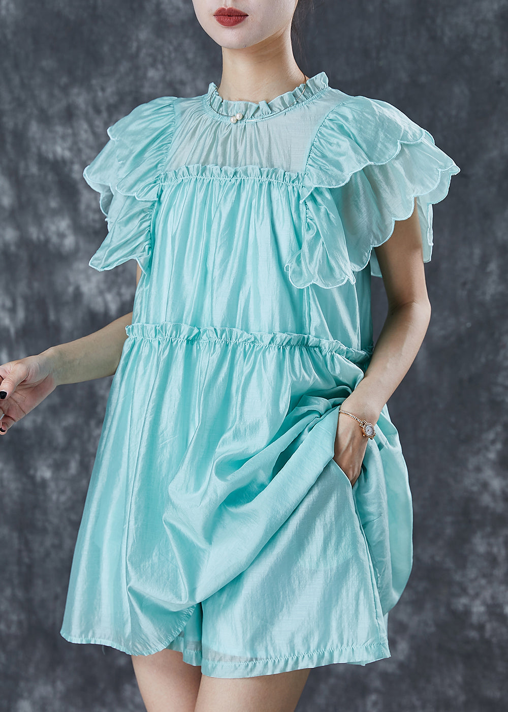 Boho Green Ruffled Silk Beach Dress Butterfly Sleeve