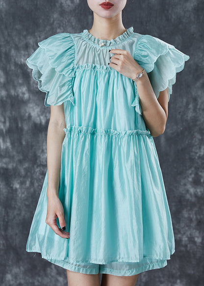 Boho Green Ruffled Silk Beach Dress Butterfly Sleeve