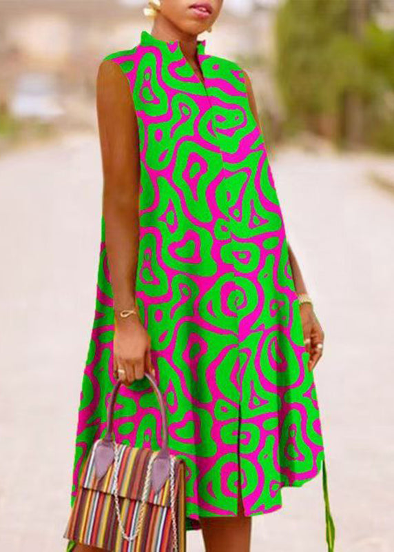 Boho Green Stand Collar Summer Print Maxi Dresses Summer