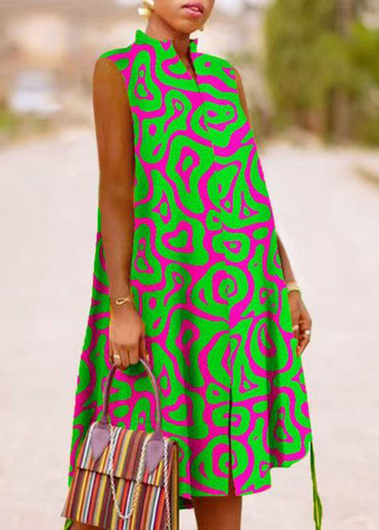 Boho Green Stand Collar Summer Print Maxi Dresses Summer