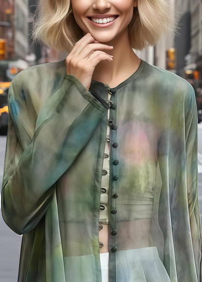 Boho Green Tie Dye Chinese Button Chiffon Sheer Cardigan Summer