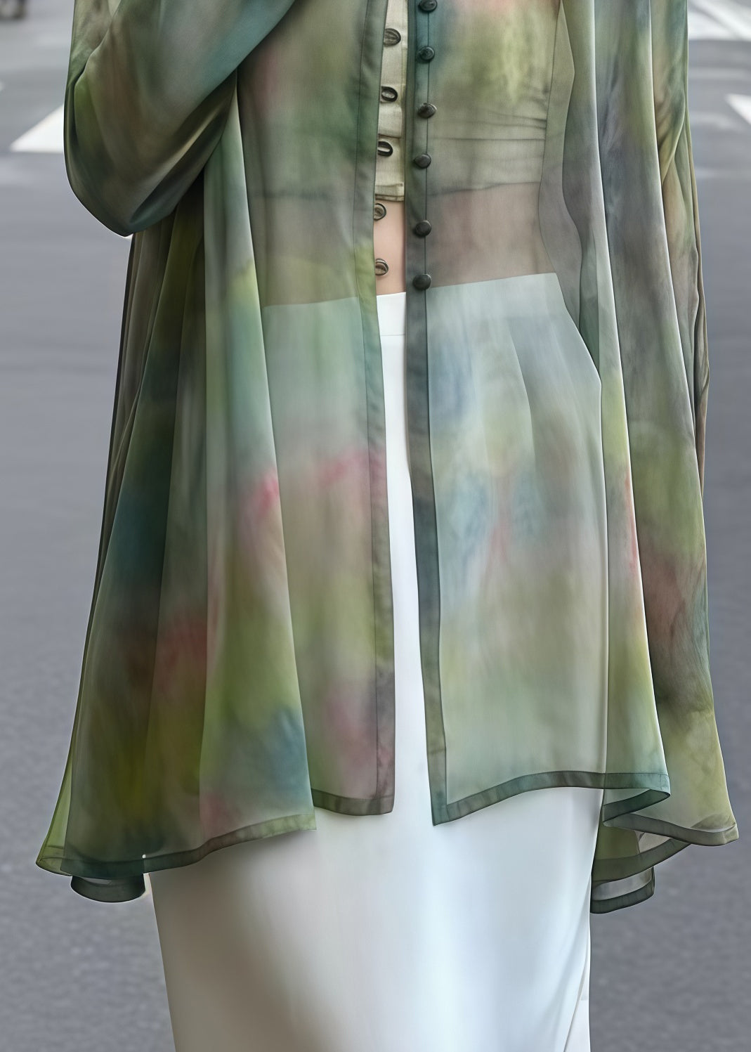 Boho Green Tie Dye Chinese Button Chiffon Sheer Cardigan Summer