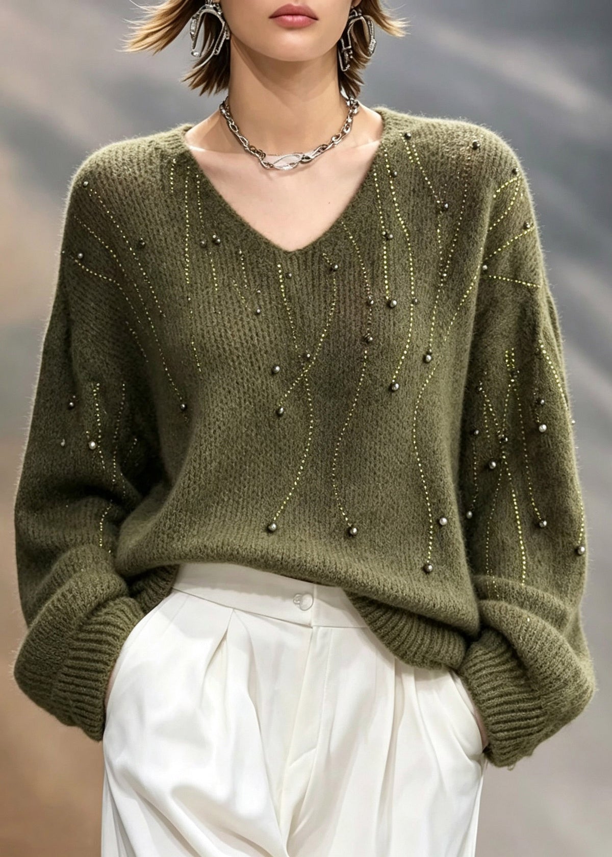 Boho Green V Neck Patchwork Solid Cotton Knit Sweater Lantern Sleeve