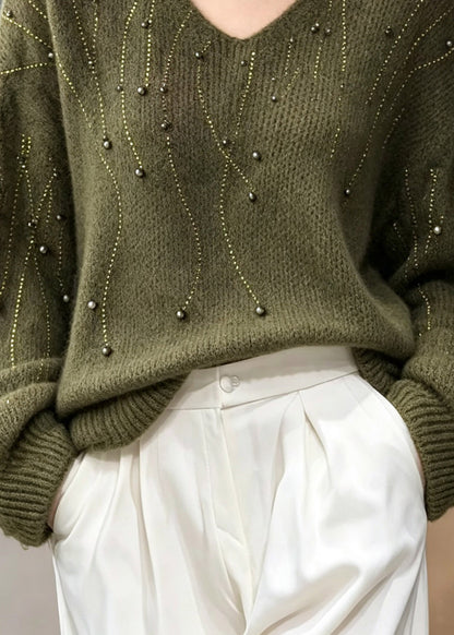 Boho Green V Neck Patchwork Solid Cotton Knit Sweater Lantern Sleeve
