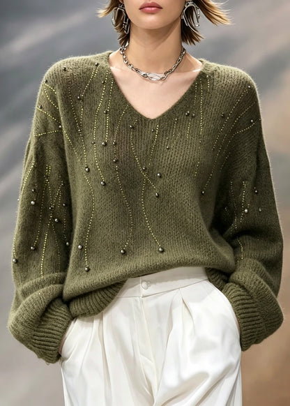 Boho Green V Neck Patchwork Solid Cotton Knit Sweater Lantern Sleeve