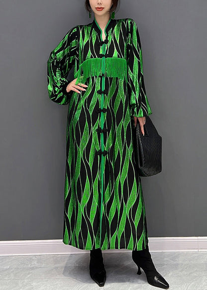 Boho Green V Neck Patchwork Tassel Button Velour Maxi Dresses Fall