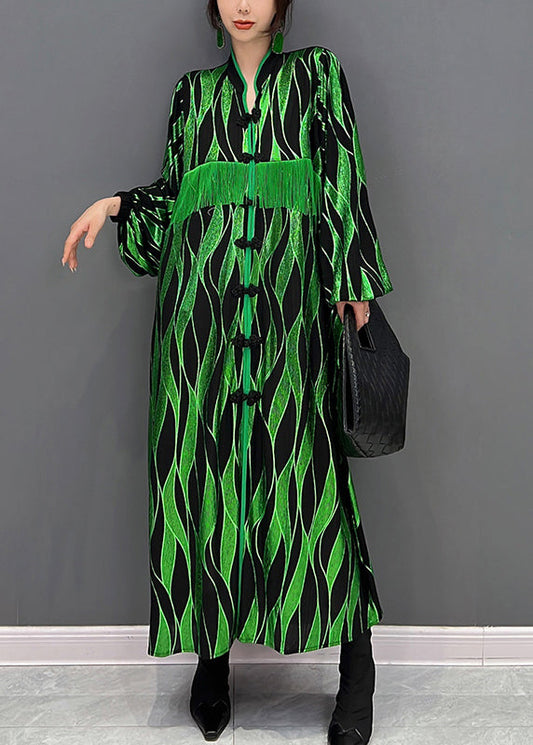 Boho Green V Neck Patchwork Tassel Button Velour Maxi Dresses Fall