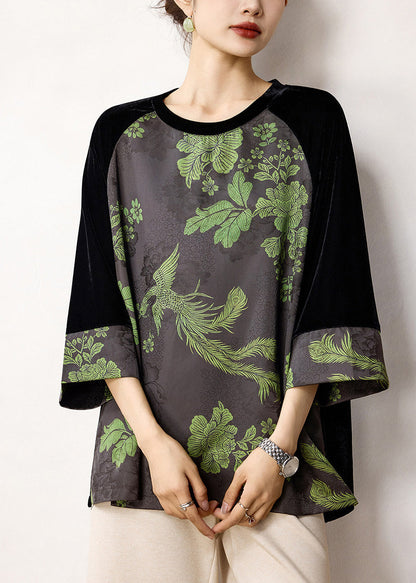 Boho Grey Black Jacquard Velour Patchwork Shirt Top Fall