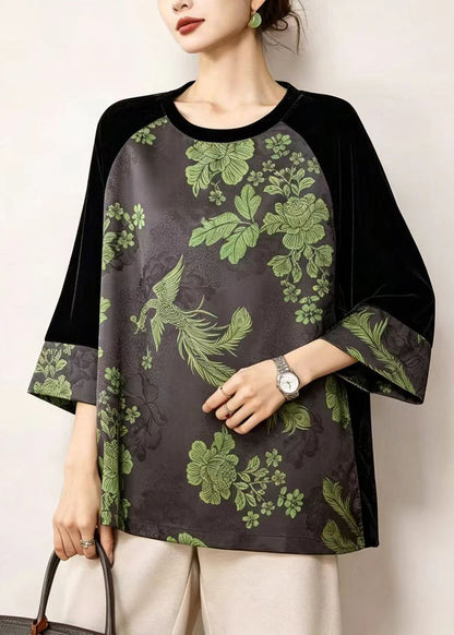 Boho Grey Black Jacquard Velour Patchwork Shirt Top Fall