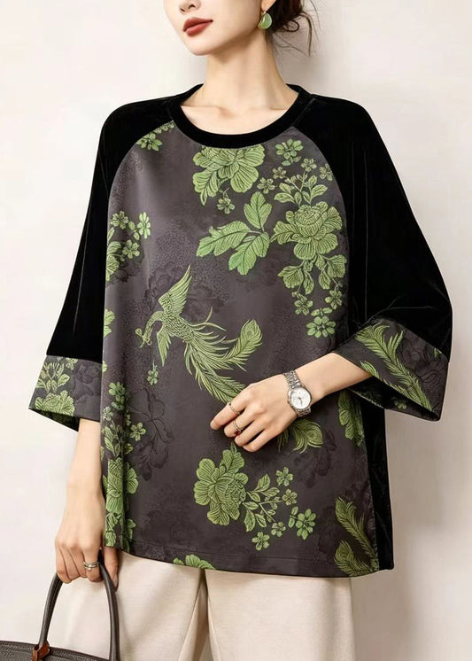 Boho Grey Black Jacquard Velour Patchwork Shirt Top Fall