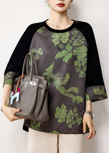 Boho Grey Black Jacquard Velour Patchwork Shirt Top Fall