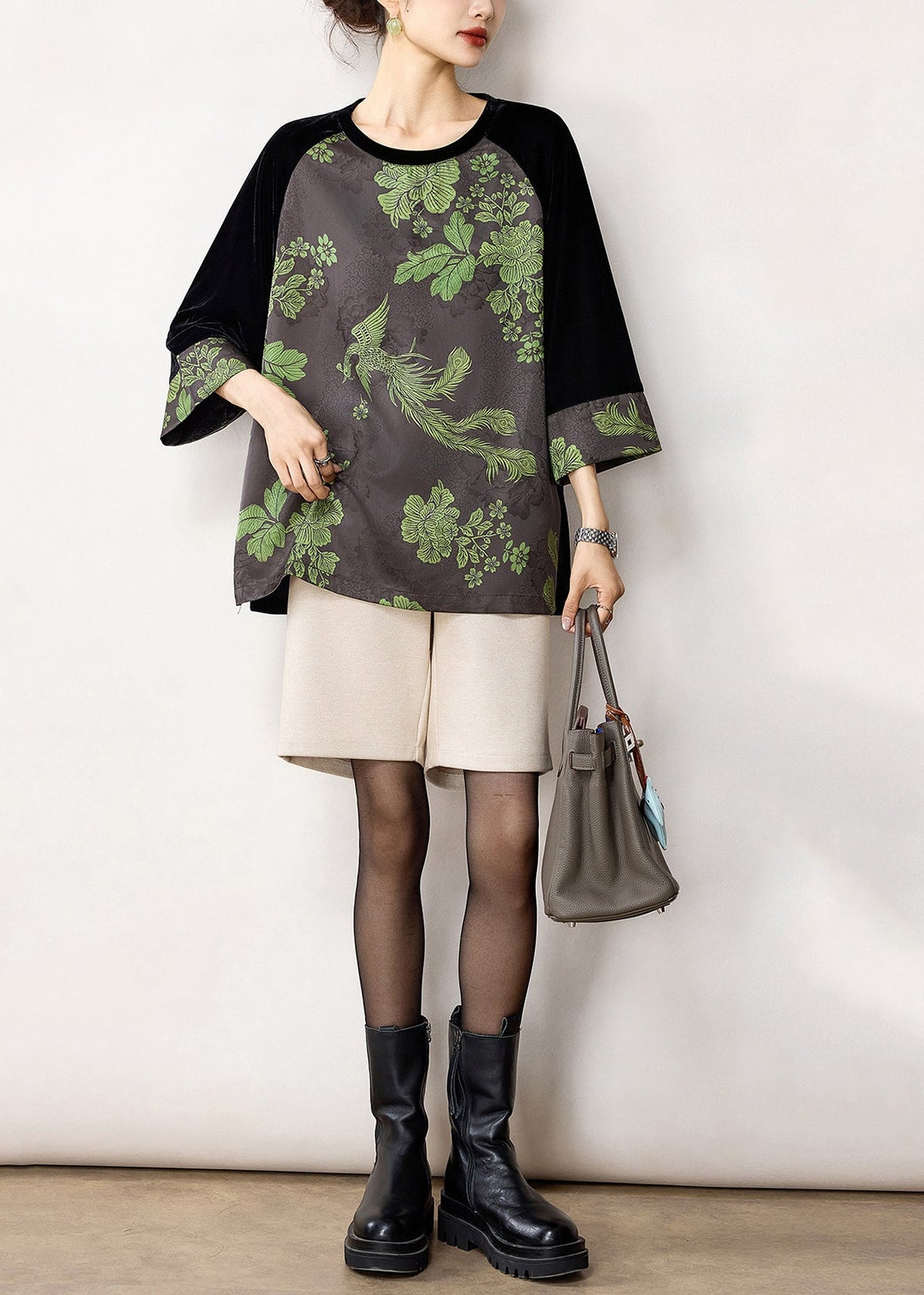 Boho Grey Black Jacquard Velour Patchwork Shirt Top Fall