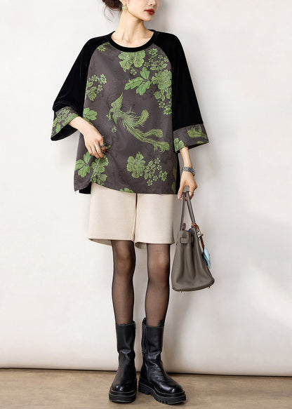 Boho Grey Black Jacquard Velour Patchwork Shirt Top Fall