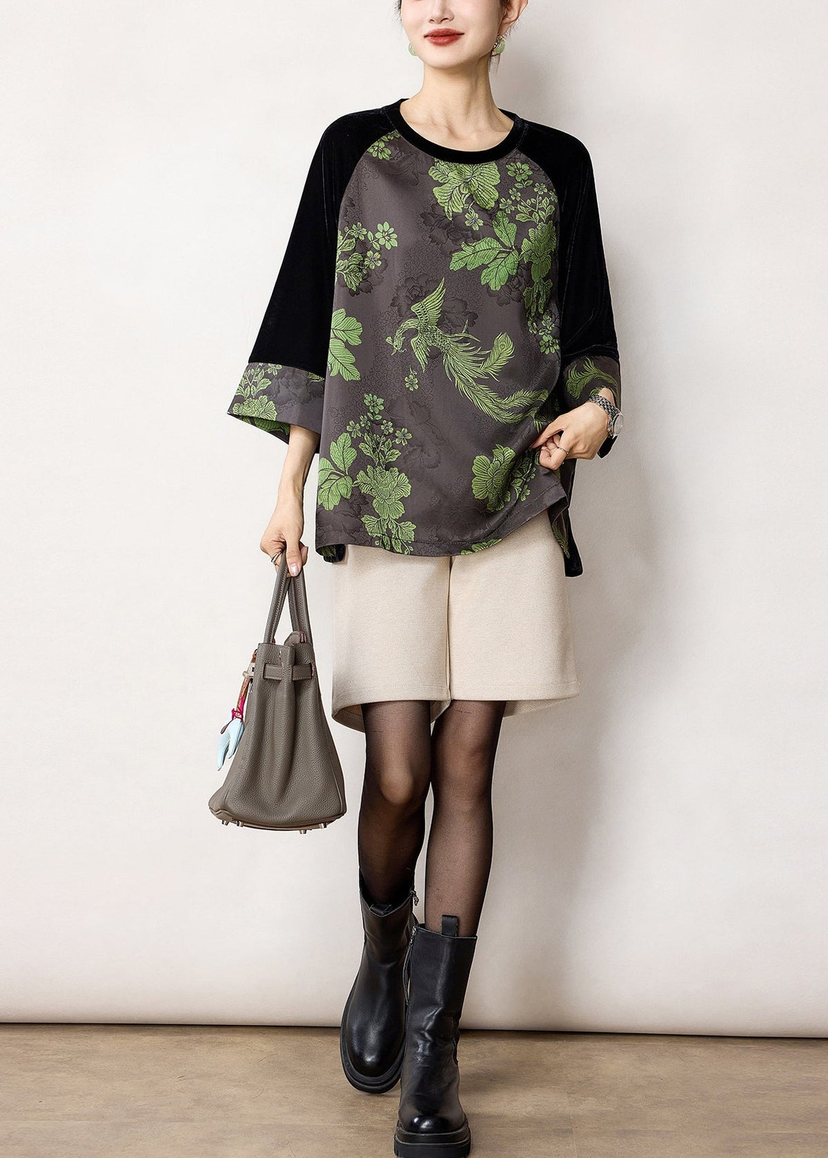 Boho Grey Black Jacquard Velour Patchwork Shirt Top Fall