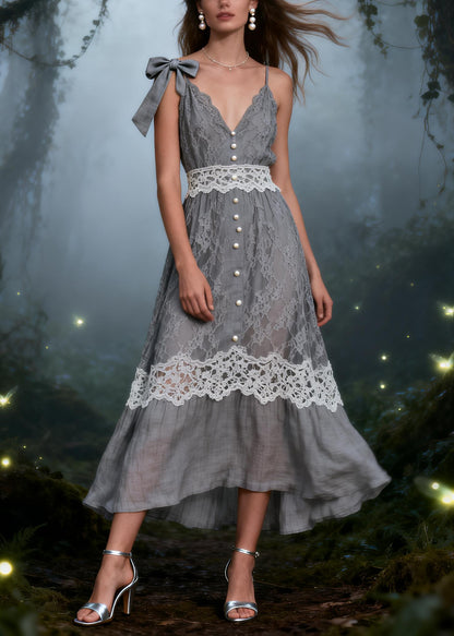 Boho Grey Bow Patchwork Lace Spaghetti Strap Dress Summer