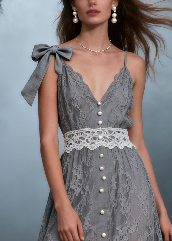 Boho Grey Bow Patchwork Lace Spaghetti Strap Dress Summer