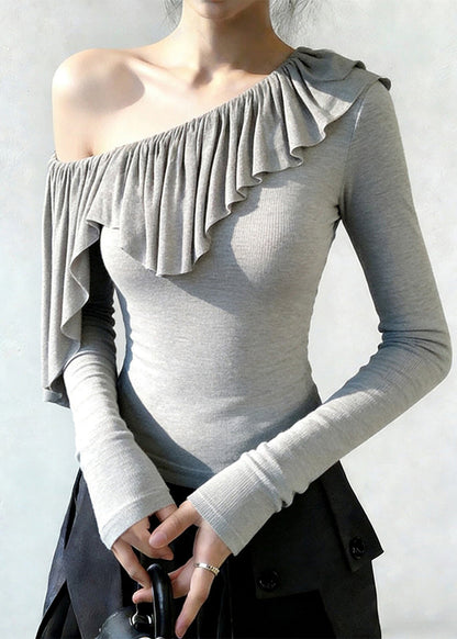 Boho Grey One Shoulder Ruffles Cotton Top Spring