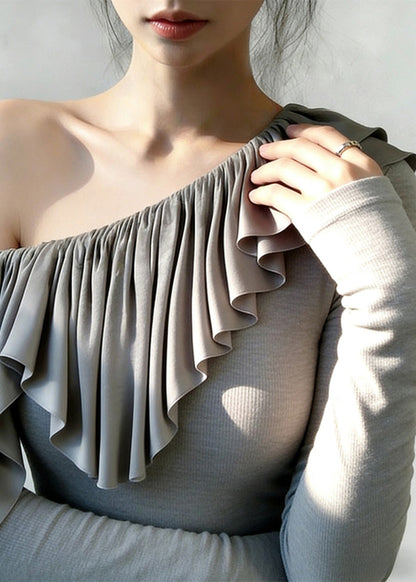 Boho Grey One Shoulder Ruffles Cotton Top Spring