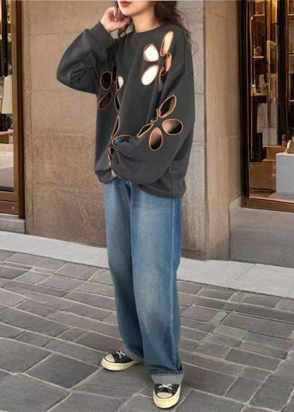 Boho Grey Oversized Hollow Out Cotton Pullover Streetwear Spring