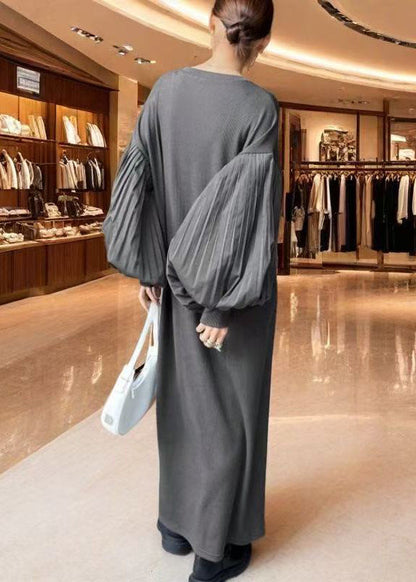 Boho Grey Oversized Patchwork Cotton Dress Lantern Sleeve