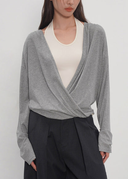 Boho Grey Oversized Patchwork Cotton Fake Two Piece Shirt Fall
