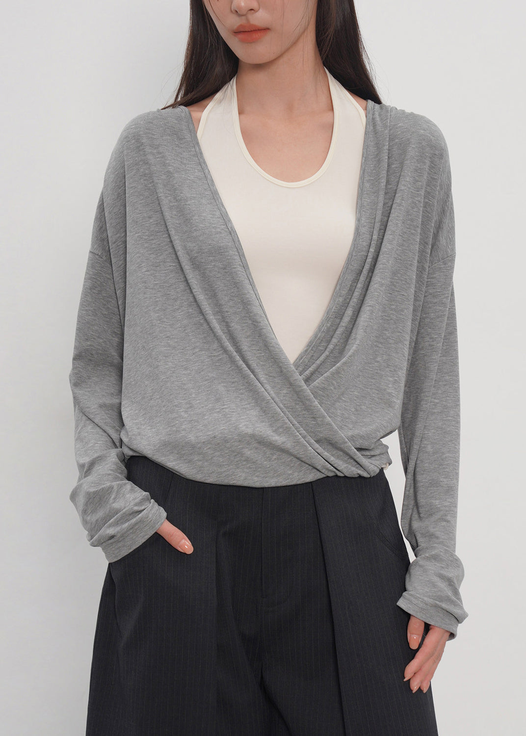 Boho Grey Oversized Patchwork Cotton Fake Two Piece Shirt Fall