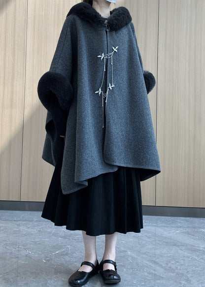 Boho Grey Oversized Patchwork Faux Fur Woolen Trench Winter