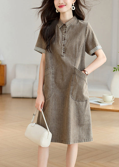 Boho Grey Peter Pan Collar Pockets Denim Day Dresses Summer