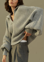 Boho Grey Peter Pan Collar Thick Cotton Knit Sweaters Fall