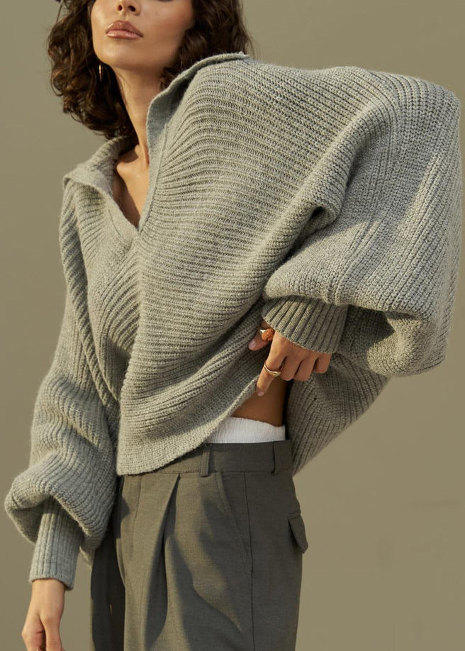 Boho Grey Peter Pan Collar Thick Cotton Knit Sweaters Fall