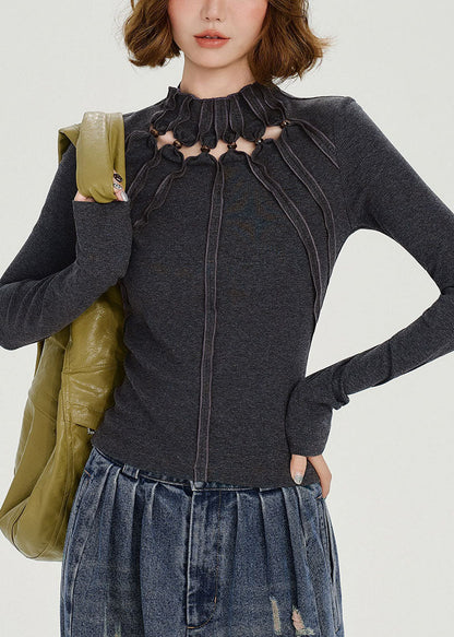 Boho Grey Stand Collar Hollow Out Cotton Tops Fall